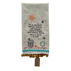NWT Natural Life Linen Cat Quote Embroidered Hand Kitchen Towel‎